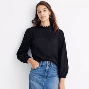 Madewell Pieced Eyelet Mock Neck Ruffle Top